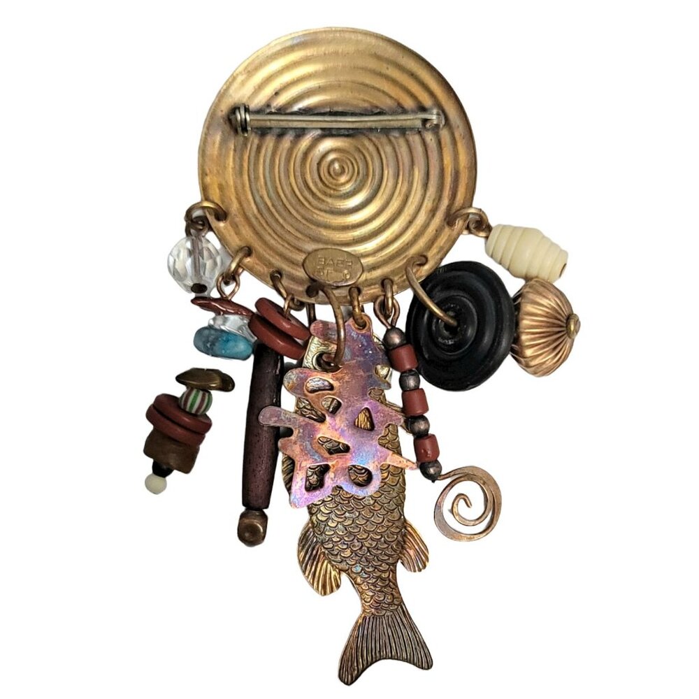 Marjorie Baer Brass Round Spiral, Multi Charm, Fish, Bead, Stone Dangle Brooch - Picture 5 of 8